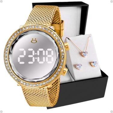 Imagem de Relógio Digital Led Feminino Dourado Pedras Brilhante Moda Luxo + Cola