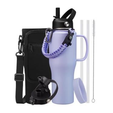 Imagem de Garrafa de água isolada de 947 ml com canudo – frio 48H e quente 12H, garrafa de água de metal com tampa de bico automático, bolsa de transporte com alça, alça de paracord e bota protetora, frasco de