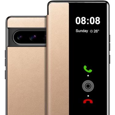 Imagem de Capa de couro flip para Google Pixel 7A com visão clara, fina de luxo para celular Google Pixel 7a capa protetora rígida de policarbonato flip à prova de choque para Google Pixel 7A 5G capa