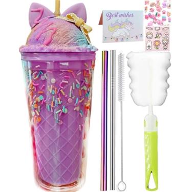 Imagem de seelucky Copo de viagem de unicórnio com canudo chocolate copo de bebida de gelo caneca de café de leite copo de plástico para festa de piquenique presente de aniversário (gato fofo roxo 8, 450 ml)