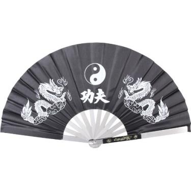 Imagem de MASTER USA - Ventilador de luta de Kung Fu - Moldura de metal, ventilador de nylon preto com dois dragões, Ying Yang, símbolo de Tai Chi - 2510-CBK - Artes marciais, treinamento, cosplay, exibição