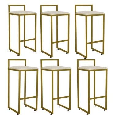 Imagem de Kit 06 Banquetas Alta Industrial 0,83 cm Metal Dourada Linho Cru - Val