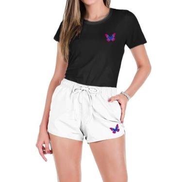 Imagem de Conjunto Feminino Verão Moda Praia Camiseta Algodão Short Tactel Estam