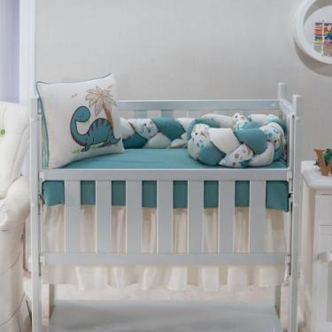 Imagem de kit enxoval para mini berço modelo de trança dinossauro menino verde n