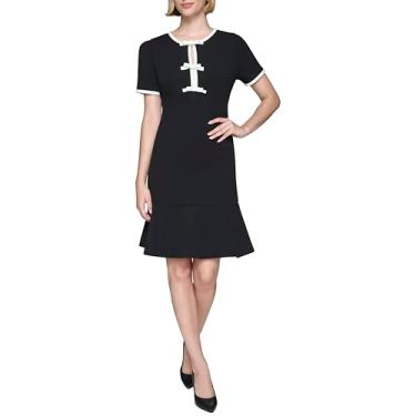 Imagem de KARL LAGERFELD Vestido feminino com detalhes de laço, manga bufante, gola redonda, Preto e branco macio, 38