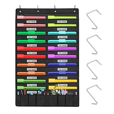 Imagem de Organizador de arquivos para pendurar na porta pesada Sinzip, cartas de bolso para armazenamento na parede preta com 2 ganchos, ótimo para sala de aula, escola, casa ou escritório, Preto, 20 Nametag Pocket