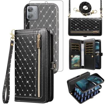 Imagem de Asuwish Capa de celular para Motorola Moto G14 com zíper carteira magnética destacável com protetor de tela de vidro temperado, alça transversal, suporte para cartão de crédito flip brilhante MotoG14