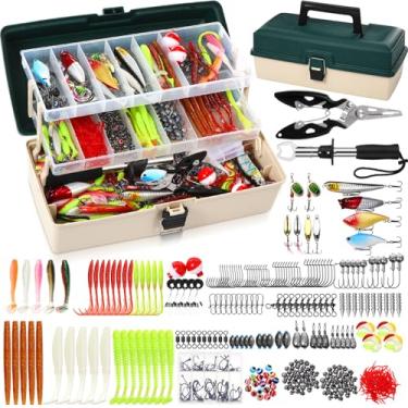 Imagem de RoundFunny 517 peças de caixa grande de 3 camadas com kit de iscas de pesca incluído alicate, garra de lábio de peixe, crankbait, anzóis, pesos, outros acessórios kit de isca de pesca para homens