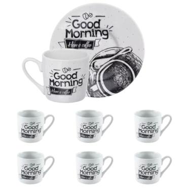 Imagem de Conjunto de Xícaras de Café Good Morning, 6 Peças com Pires, 80ml, Porcelana Branca com Design em Preto