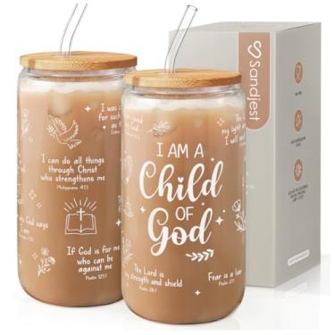 Imagem de SANDJEST Garrafa de vidro cristã, copo de vidro I am Child of God com tampa e canudo, lata de vidro estética de café gelado, presente ideal para Natal, aniversário, presentes para mulheres, 473 g