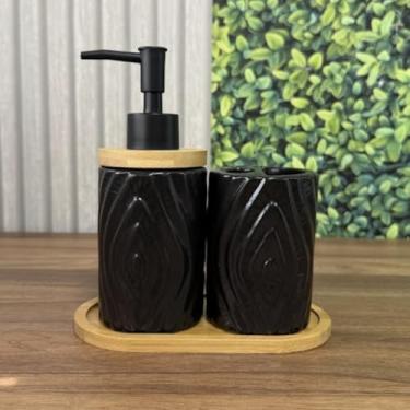 Imagem de Kit Lavabo Porcelana Moderno c/ 3 Peças Preto Fosco Difusor Aromatizador e Saboneteira Banheiro Sala (Preto, Flores)