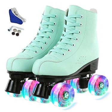 Imagem de Patins para mulheres e homens, patins clássicos de couro PU de cano alto, duas fileiras, patins para uso interno e externo para iniciantes (Green Flash, 40)