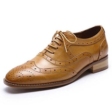 Imagem de Mona flying Sapato feminino de couro perfurado com cadarço Oxfords Brogue Wingtip Derby feminino, Marrom 3, 40