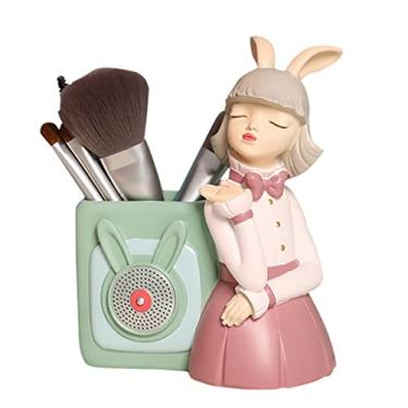 Imagem de Porta-lápis de animal fofo coelho menina organizador multiuso decoração de mesa estátua ornamentos para casa (D 14,5 x 8,5 x 17,5 cm)