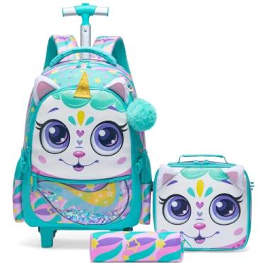 Imagem de Egchescebo Mochila Escolar Infantil com Rodinhas para Meninas e Crianças Rodas Bolsa Mala Carrinho 17” 3PCS Lancheira Juvenil Estojo Costas Viagem Adequado Meninas Adolescentes de Animais Verde