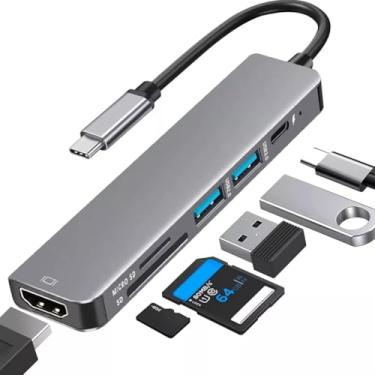 Imagem de Adaptador Hub USB-C 7 em 1 com Saída HDMI 4K a 60Hz, 7 Portas, USB 3.0, Leitor de Cartão SD, Carregamento Rápido Multiportas e Fonte de Alimentação Tipo C - Premium