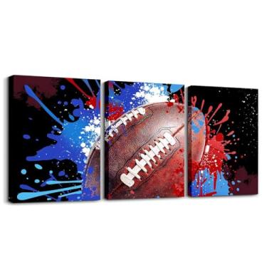 Imagem de Feelyou Arte de parede em tela de 3 peças de rúgbi de futebol para sala de estar quarto azul amarelo tie dye arte de parede para decoração de casa impressão 3D decoração de parede de escritório