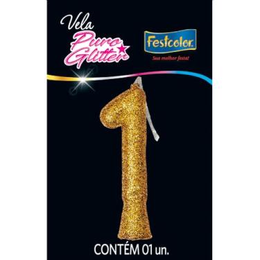 Imagem de Vela Puro Glitter Dourada N 1 - Embalagem com 1 unidade.