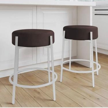 Imagem de Kit 02 Banquetas Alta Sintra 65cm Redonda Ferro Branco Sintético Marrom - Ahazzo Móveis
