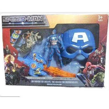 Imagem de Kit Brinquedo infantil Super Herois Spiderman Boneco + Moto + Máscara e Espada Musical Lança Disco Capitão América.