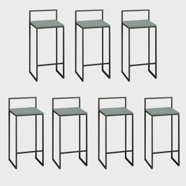 Imagem de Kit 07 Banquetas Alta Com Encosto Lino Industrial Balcão Bistrô Ferro Preto mdf Madeira Verde Oliva - Ahz Móveis