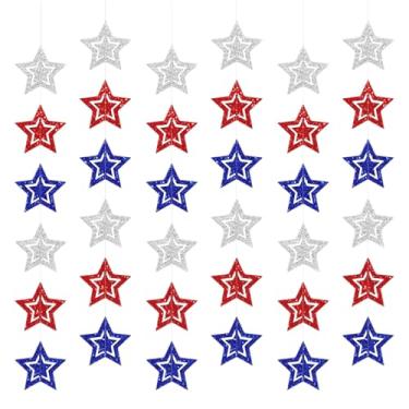 Imagem de hhdatc 4 de julho, estrela vazada, vermelha, prata, bandeira azul, decoração de casa, faixa suspensa com serpentinas e pingentes de estrelas, suprimentos patrióticos para o Dia da Independência