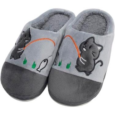 Imagem de Pantufas Chinelo Gatinho Pelúcia Sapato De Inverno Infantil Cinza - 30-31