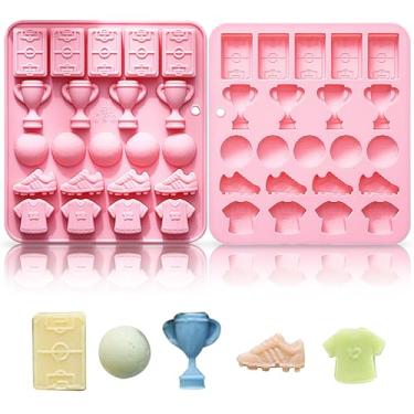 Imagem de Ysqool Molde de chocolate para bola de futebol, molde de silicone com tema esportivo, 20 cavidades, troféu, fondant, silicone, molde de cozimento para decoração de bolos, cobertura de cupcake, pasta