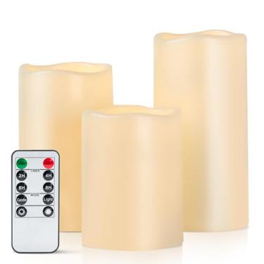 Imagem de Amagic Velas sem chama à prova d'água ao ar livre com temporizador, velas operadas por bateria com controle remoto, D3 x H4 12,7 cm 15,2 cm vela de pilar de LED elétrica para pátio externo, jardim,