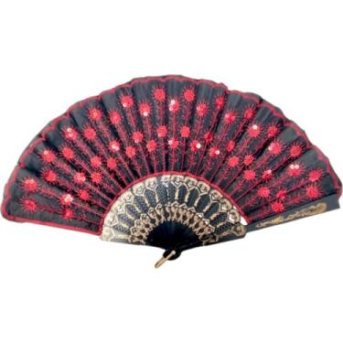 Imagem de Leque Tecido Lantejoula Brilhante Varias Estampas Madeira Escuro Oriental Japonês Gueixa(Vermelho)