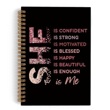 Imagem de QLMX Caderno espiral inspirador She Is Me, caderno de autocuidado em ouro rosa, cadernos positivos para trabalho escolar, material de escritório com amor próprio, presentes para mulheres e meninas, 14