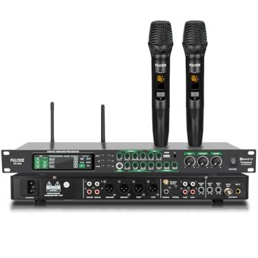 Imagem de Fuluode FX8-III profissional KTV digital pré-estágio Efetor de um botão processador de áudio anti-uivo 4 entradas Echo MP3 USB mixer de dispositivo Bluetooth, para reverb de karaokê doméstico, (microfones duplos, ouro)