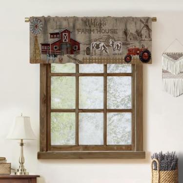 Imagem de Cortina rústica para decoração de cozinha, vintage, campo, cabana de vaca, celeiro, búfalo, estampa de moinho de vento, cortina curta para sala de estar, café, escritório, 137 x 45 cm
