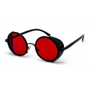 Imagem de Óculos de sol vintage femininos steampunk retrô com revestimento redondo punk UV400 (preto transparente vermelho)