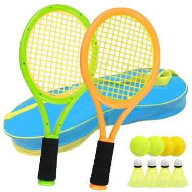 Imagem de Raquete de tênis infantil para bebês, crianças e crianças de 3 a 15 anos, conjunto de raquete de tênis infantil, incluindo 4 petecas, 2 bolas de tênis, 2 bolas de espuma e 1 bolsa de transporte