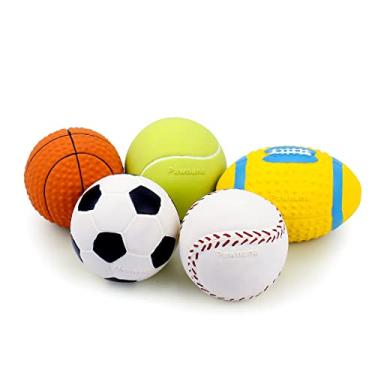 Imagem de Pawdoer Bola de cachorro Squeaky – Brinquedo de borracha de látex macio para cães pequenos filhotes – Brinquedos de barulho para cães jogar bola esportiva – bola de tênis, bola de futebol, futebol americano, basquete e beisebol
