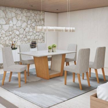 Imagem de Conjunto Apogeu 170cm Tampo MDF com Vidro e 6 Cadeiras Luar Amêndoa Clean/Off White/Boucle Bege