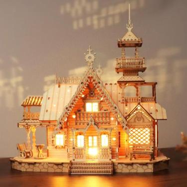 Imagem de Quebra-cabeça de madeira 3D KWASVLYA Vintage Villa com luzes LED