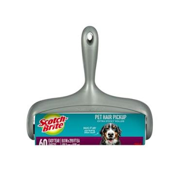 Imagem de Scotch-Brite Rolo de pelos para animais de estimação, extra pegajoso, projetado para remover pelo + penugem em sofás, roupas, camas de cães e gatos e muito mais, 1 pacote, 60 folhas adesivas fáceis de
