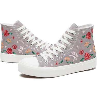 Imagem de TUOPIN Tênis feminino branco de lona de cano alto, preto, moderno, clássico, feminino, cadarço, Cinza, 35