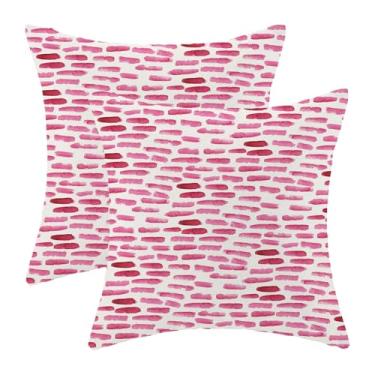 Imagem de CXMEIFLY Capas de almofada Preppy rosa choque verão ao ar livre 45,7 x 45,7 cm conjunto de 2 almofadas decorativas boho listrado aquarela de linho geométrico abstrato casa de fazenda fronhas