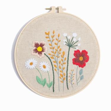 Imagem de Huacan Kits de bordado para adultos, estampa de flores estampadas para iniciantes, 1 peça, kit de costura de ponto cruz faça você mesmo, 19 x 19 cm