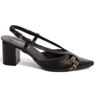 Imagem de EMILY ONLINE, Sapato Scarpin Salto Médio Baixo Grosso 6 cm Bico Fino Social Feminino com Fivela de Ajuste Detalhe Animal Print Onça (Preto, 35)