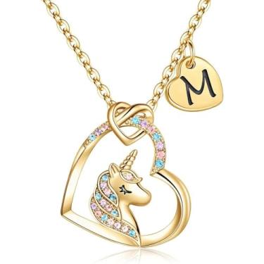 Imagem de Unicorn Necklace Gifts for Girls Daughter - Colorful Heart Pendant Initial Unicorn Necklaces for Girl Teens Little Girls Jewelry Birthday Gift (M)