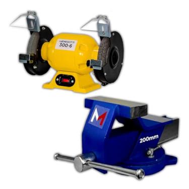 Imagem de Menegotti Morsa Nº 8 Sem Mordente + Motoesmeril - 300W com Base Giratória Reforçada | para Bancada de Aço, Oficina e Afiar Ferramentas Semiprofissional e Profissional Kit