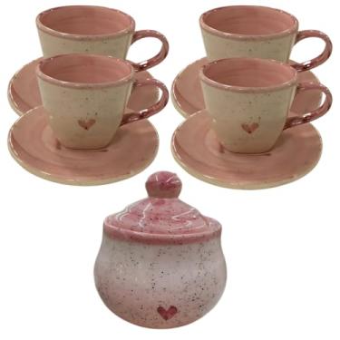 Imagem de Xícaras De Chá 4 Unidades Com Pires 200ml E Açucareiro Rosa Coração