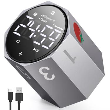 Imagem de Temporizador digital Pomodoro, cubo de produtividade de metal fosco, tela grande digital LED de 4,6 cm e visor giratório automático, 1/3/5/10/25/30/60 min e hora personalizada, alarme para escritório