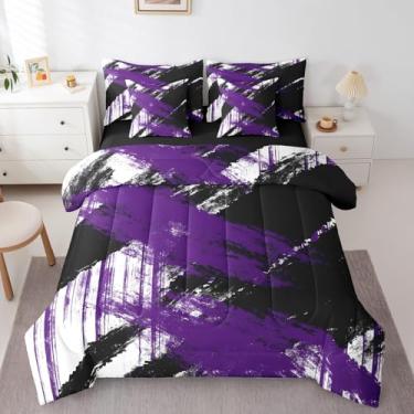 Imagem de jejeloiu Conjunto de edredom com arte abstrata, tamanho king, moderno, geométrico, 7 peças, branco, preto, roxo, para decoração de quarto
