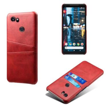 Imagem de Capas Compatível com Google Pixel 2XL,Caso de couro PU-Tampa de telefone a prova de choque com 2 slots de cartão,Proteção anti-impressão digital e anti-gota-Red