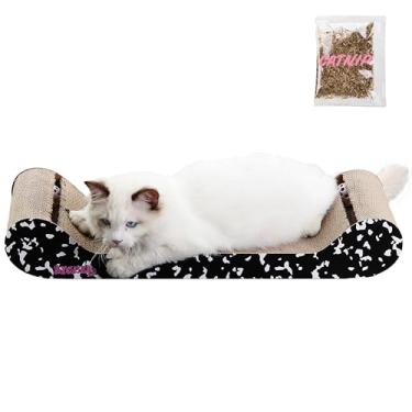Imagem de THE LICKER STORE CSR1003B Rini cama moderna de papelão de 60 cm arranhador para gatos com brinquedos de sino embutidos e erva de gato, preto/branco
